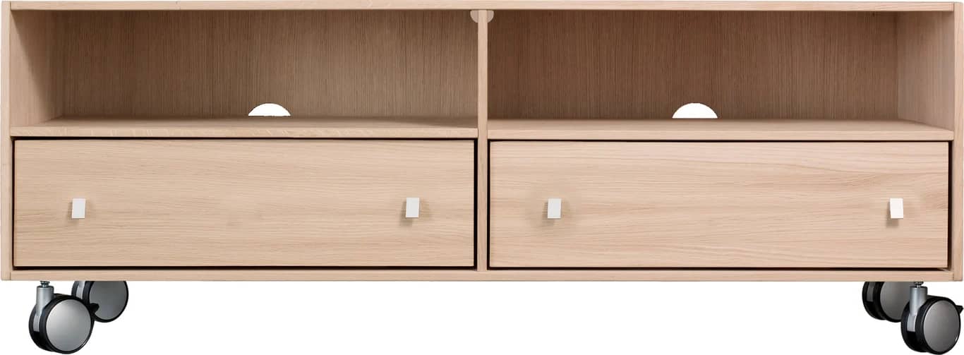 Square Classic TV benk - 120 x 42, H 42 cm. Modulsystem oppsett 104, TV benk i eik hvitoljet heltre med 2 skuffer og hjul - Produktbilde