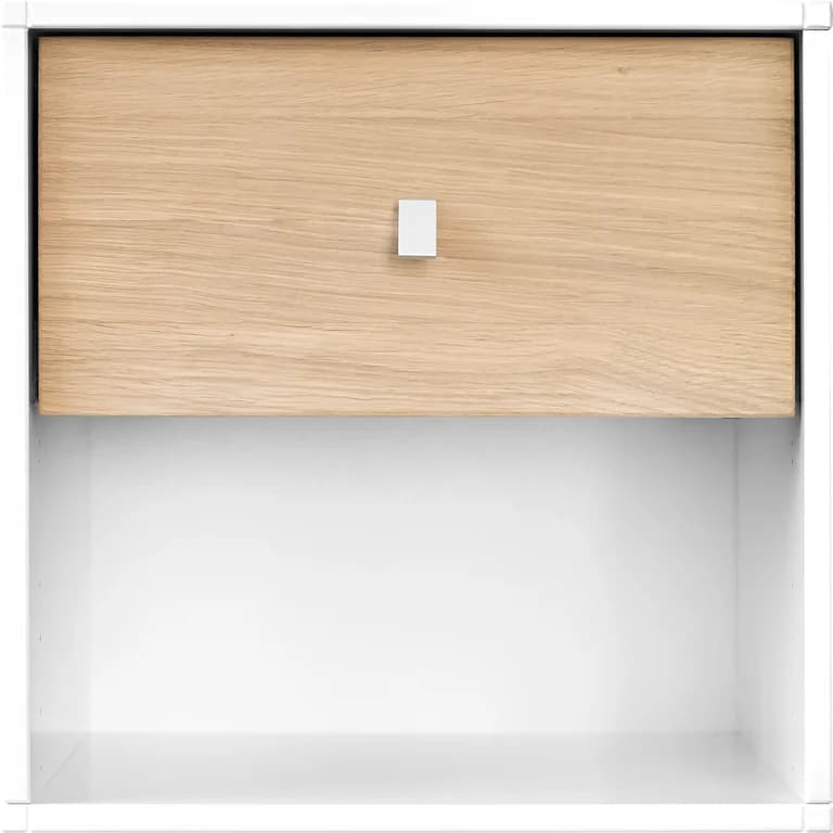 35 x 34 cm, H 35 cm. Modulsystem oppsett 78, nattbord m/skuff hvit malt MDF/eik