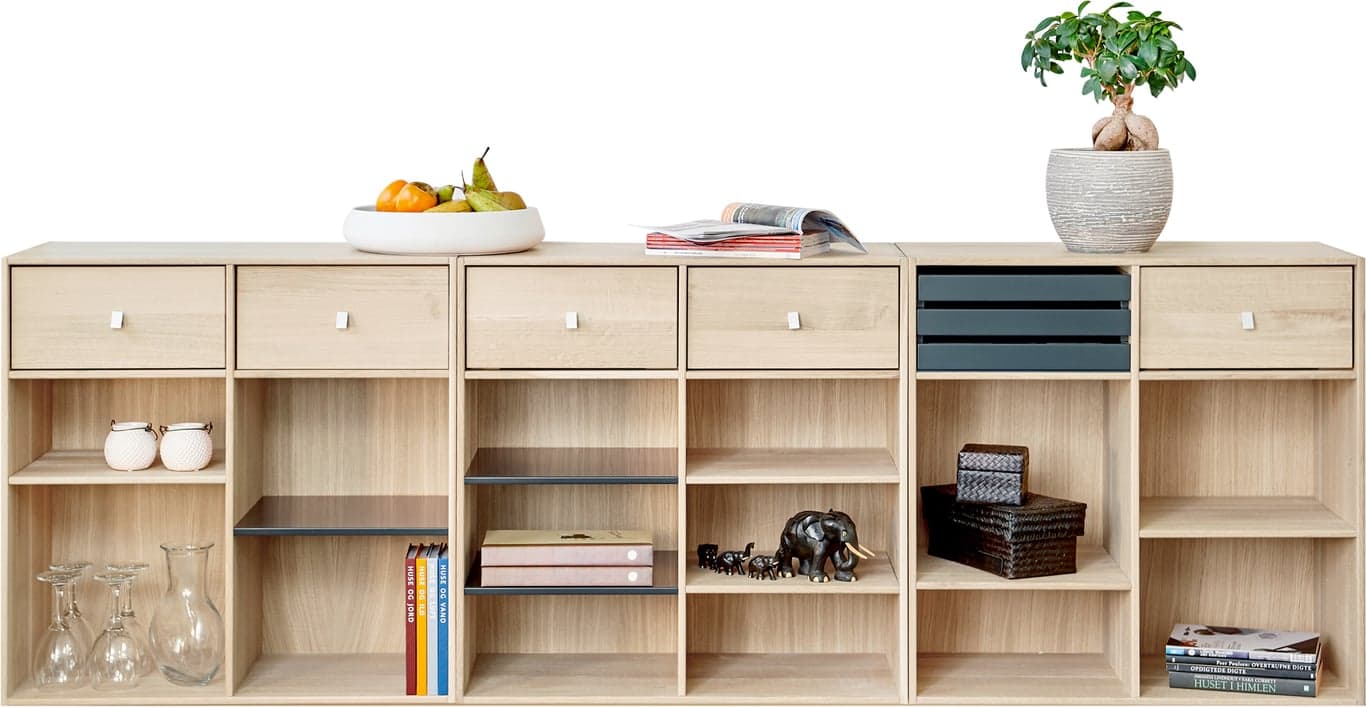Square Classic reol - 212 x 34, H 71 cm. Modulsystem oppsett 86, massiv eik, hvitoljet - Produktbilde