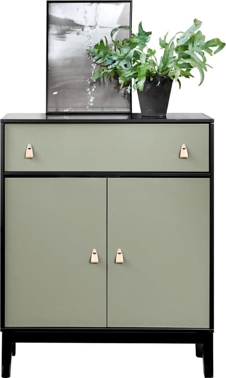 Square Classic skap - 71 x 35, H 88 cm. Modulsystem oppsett 91, sort skap med grågrønne dørerr og skuffer - Produktbilde