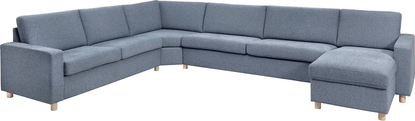 Modulsofa. 2,5 seter + stort hjørne + 3 seter + sjeselong i stoff Atlas, armlene J.