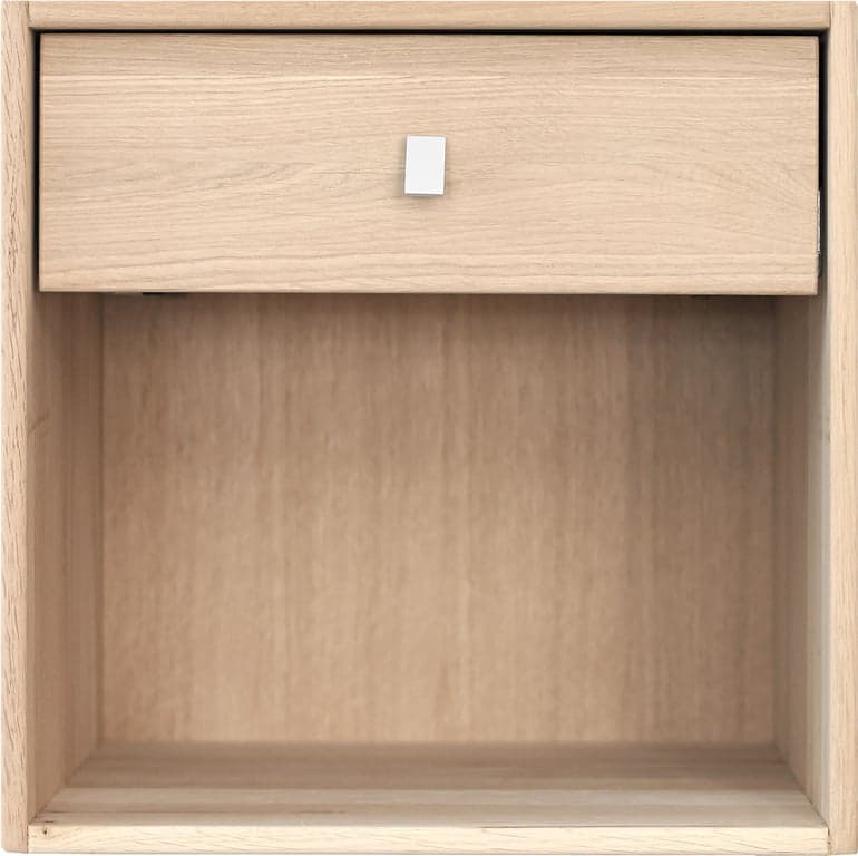35 x 34 cm, H 35,4 cm. Modulsystem oppsett 174, nattbord m/skuff i eik hvitoljet