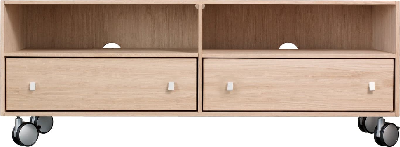 Square Classic TV benk - 120 x 42, H 42 cm. Modulsystem oppsett 104, TV benk i eik hvitoljet heltre med 2 skuffer og hjul - Produktbilde