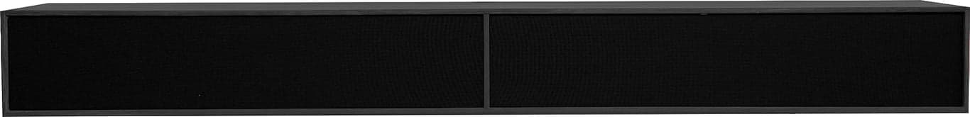 Square Classic TV benk - 198 x 34, H 22 cm. Modulsystem oppsett 115, malt MDF svart, 2 grå stoff-fronter, som fjernbetjening kan gå gjennom. Fås også i dypde 20 cm samt i mange forskjellige bredder og farger - Produktbilde
