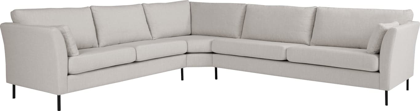 Modulsofa. 2,5 seter + stort hjørne + 3 seter i stoff Lava beige, armlene W5, med dun i ryggputer.