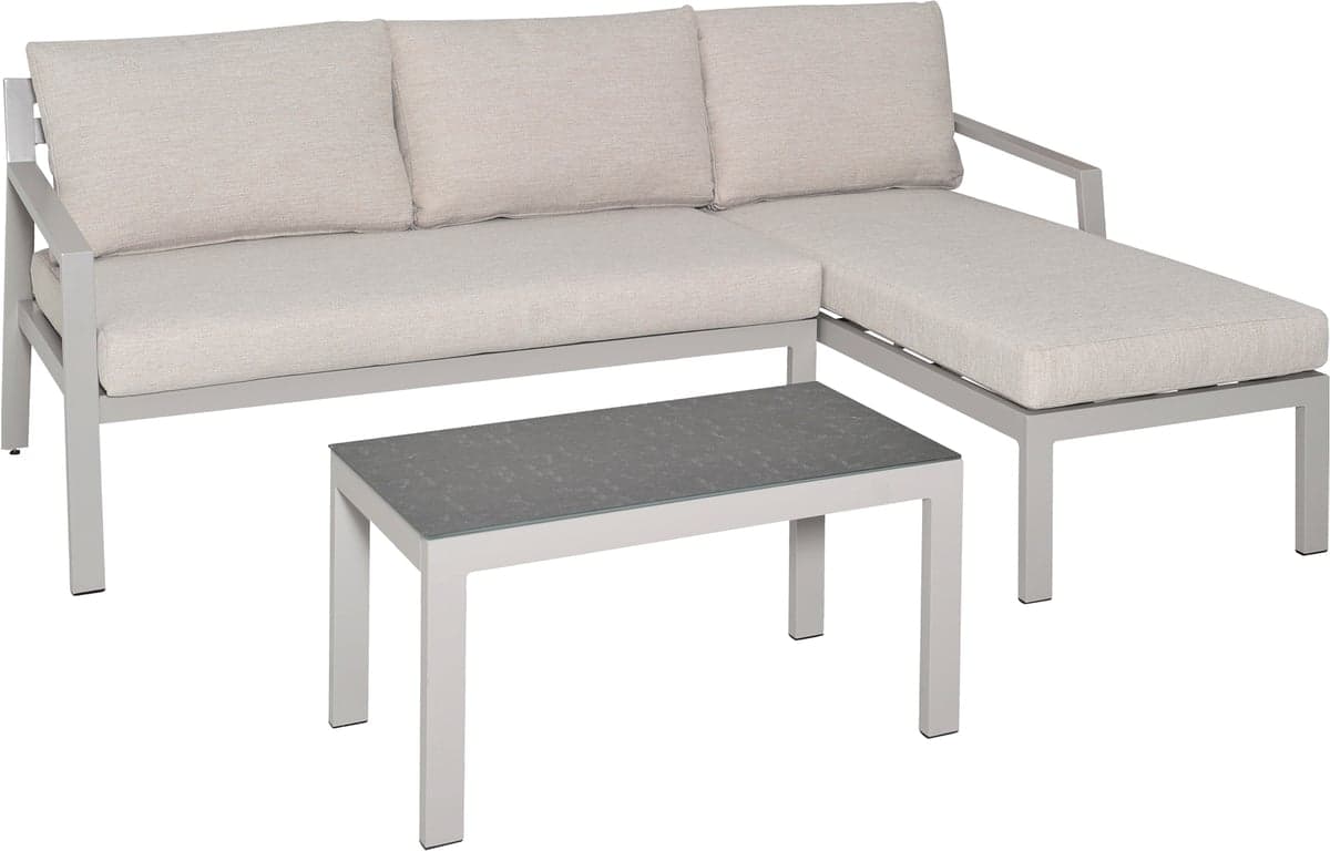 Beige hagesofa med bord, 205x140x75cm