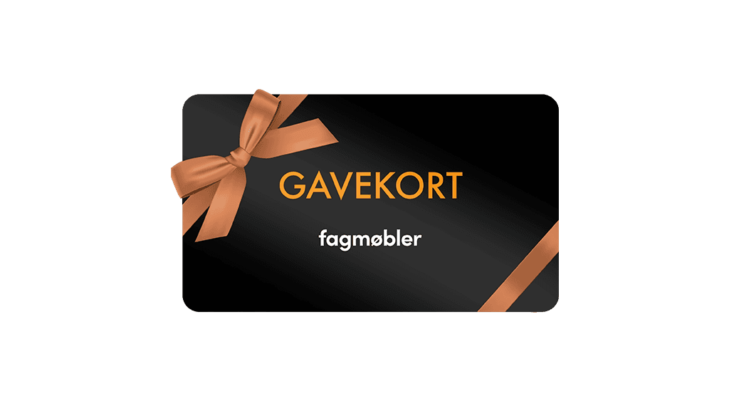 Sort gavekort med teksten «Gavekort» i oransje, Fagmøbler-logo og en kobberfarget sløyfe.