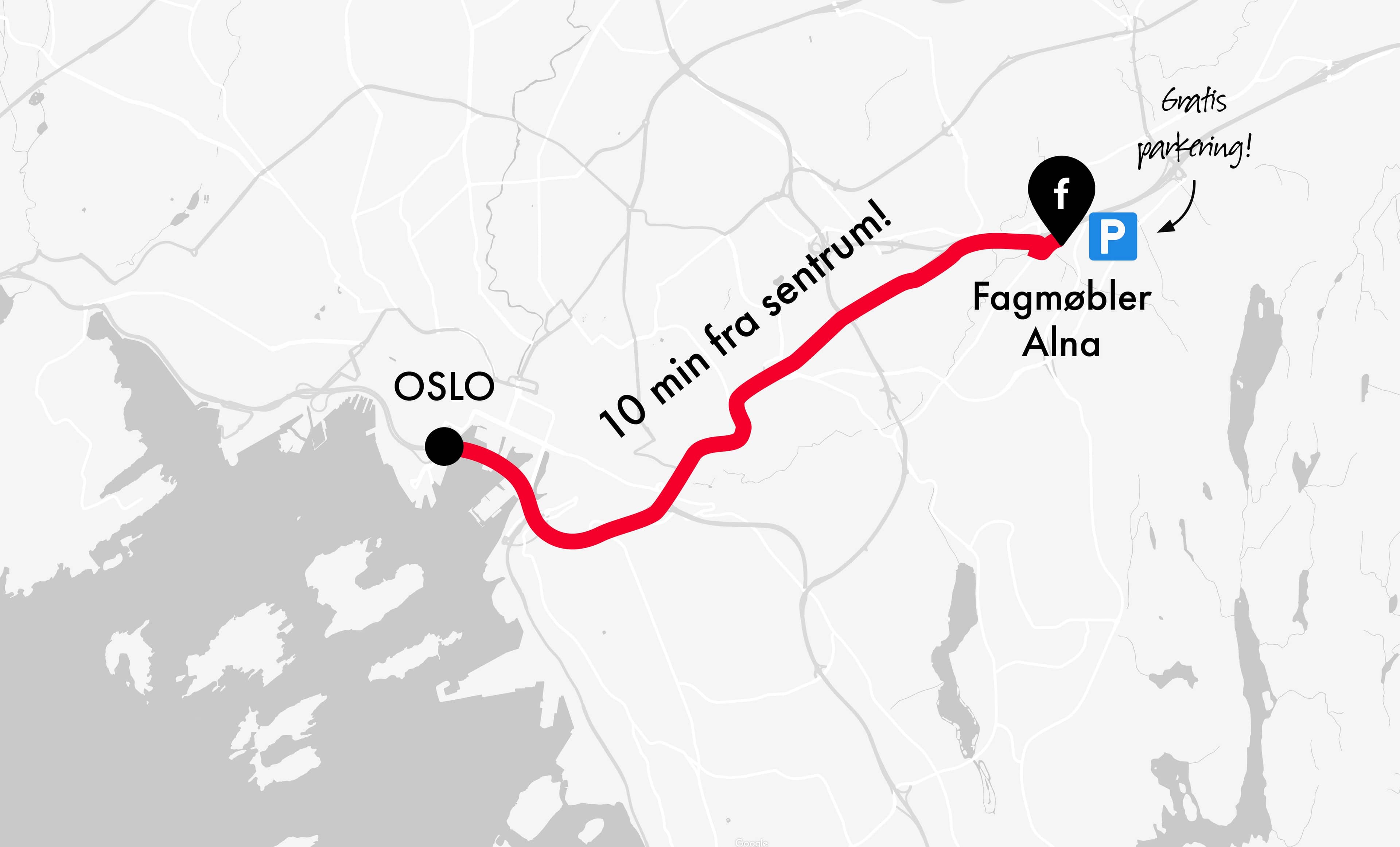 Kart som viser kjørerute fra Oslo sentrum til Fagmøbler Alna, 10 minutter unna, med gratis parkering ved butikken.