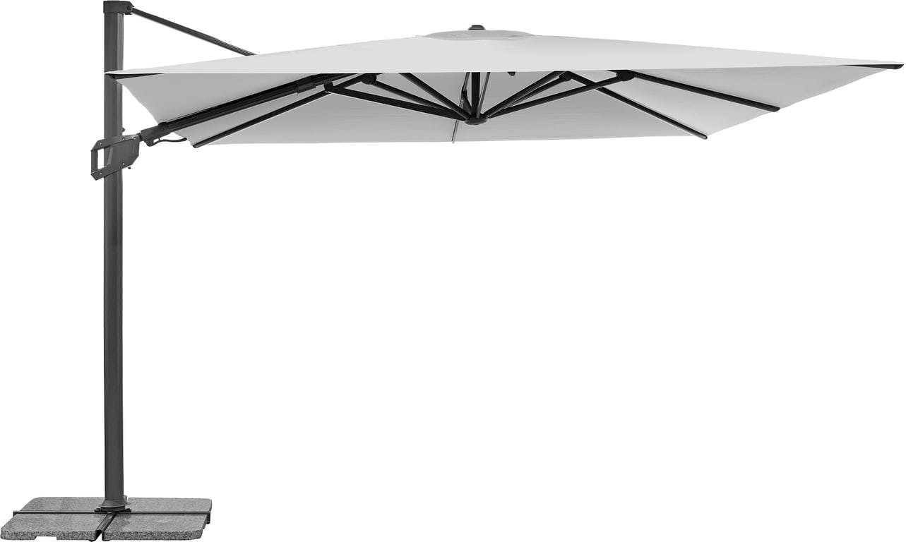 $Bilde av Shadow Flex parasoll deluxe (Parasoll i fargen lys grå, med høyde på 300x300 cm. Kommer med pulverlakkert stang i aluminium og duk i polyester. Kryssfot er inkludert i galvanisert stål, for maksimal styrke.)