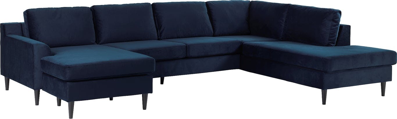 Bilde av Freya sofa med sjeselong og åpen ende (Stoff Meda velour deep blue og sorte treben)
