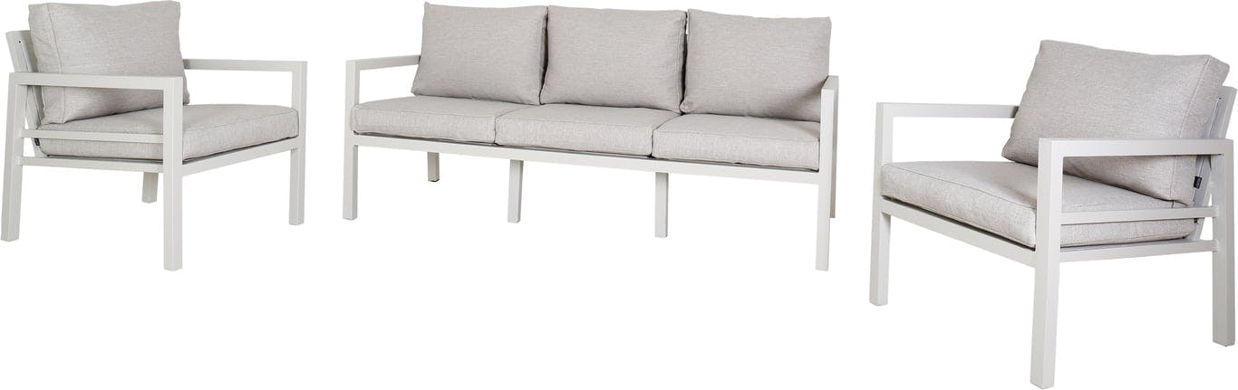 Bilde av Isabella sofagruppe 3+1+1 (Kalk ramme, ecrufargede puter i Olefin, sofa B172 D80 H75 cm, stol B66 D80 H76)