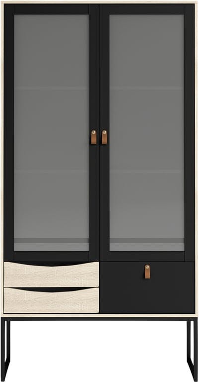 $Bilde av Nyhavn vitrineskap (99 x 40, H 189 cm, matt svart/eikefolie med 2 glassdører og 3 skuffer)
