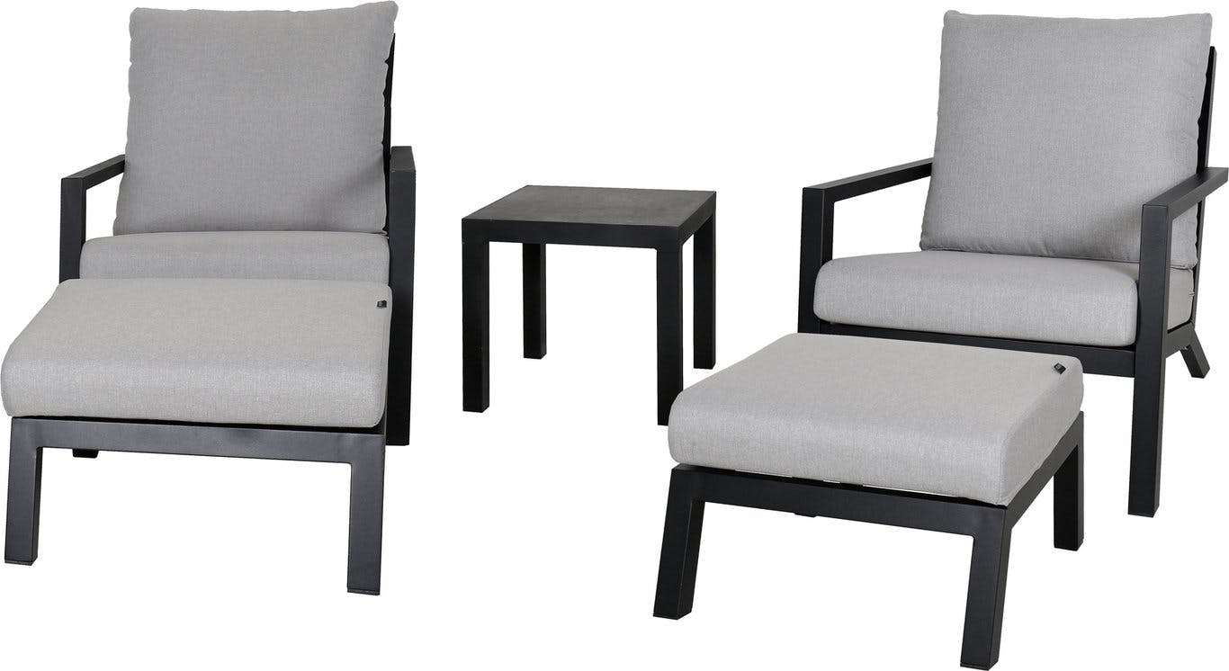 $Bilde av Manhattan hagegruppe  (2 stoler med paller, og 1 sofabord i i svartlakkert aluminium, sandfargede puter i Olefin)