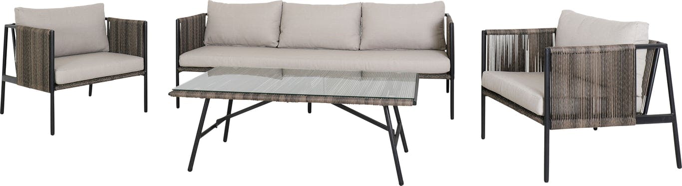 $Bilde av Miller sofagruppe med stoler og sofabord (Miller hagemøbelsett med 3 seter sofagruppe med 2 stoler og bord i kunstrotting. Størrelse: L198/70 D79 H69 / L120 D65 H45.)