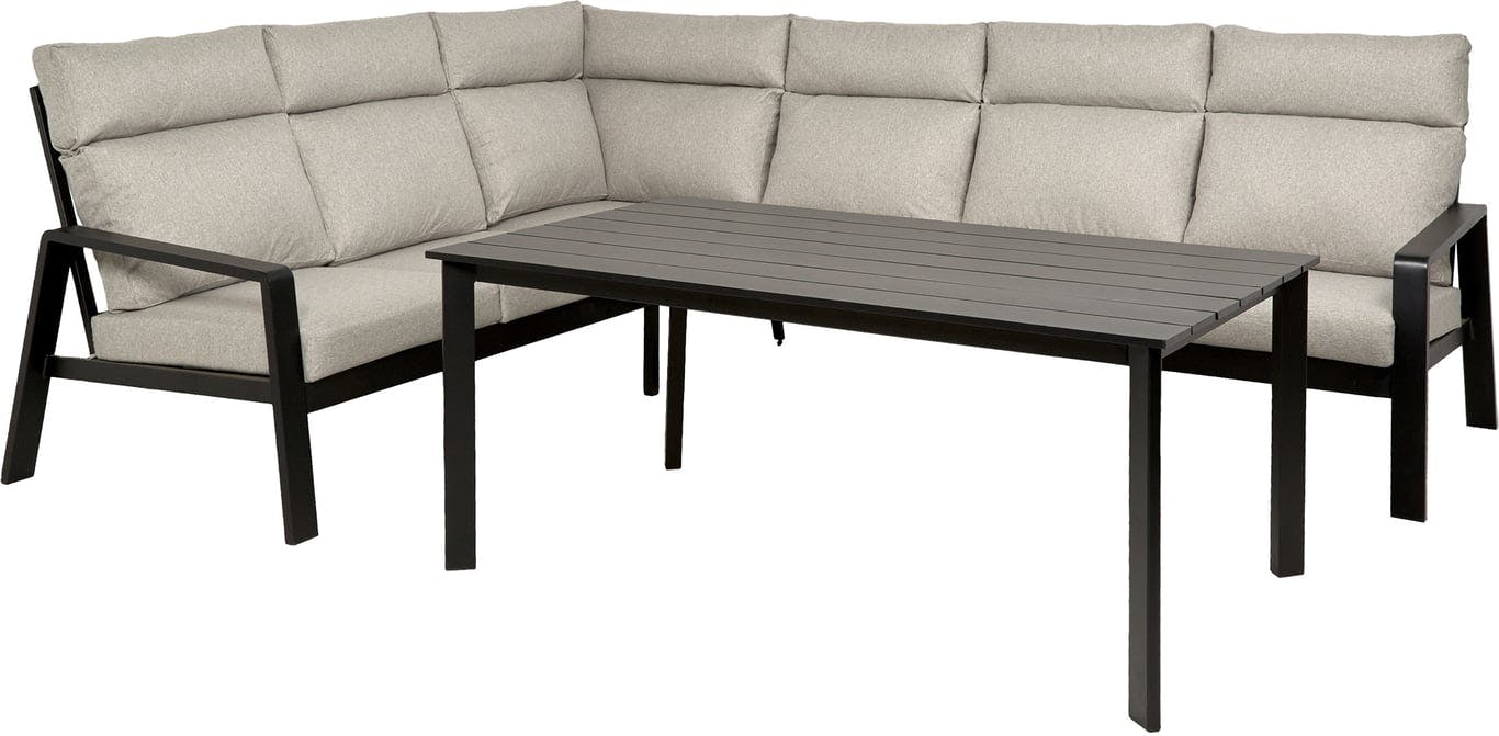 $Bilde av Palmira hjørnesofa med bord (Hagemøbel med svart aluminiums ramme, i beige olefin tekstil. Kan vendes.)