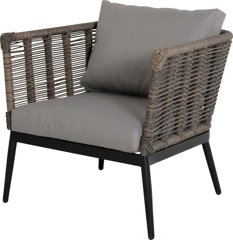 $Bilde av Teramo stol med armlene i svart (i svart aluminium kunstflett i fargen latte/taupe pute)
