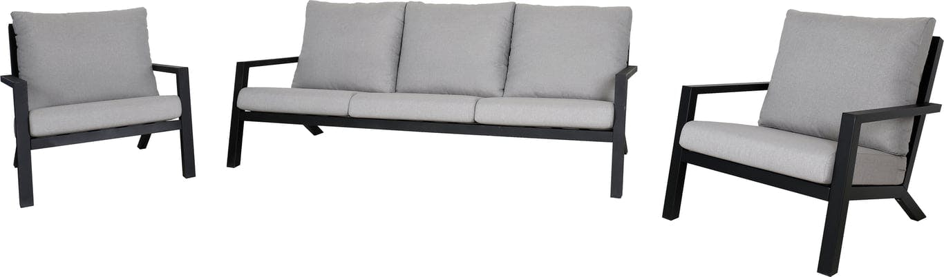 $Bilde av Manhattan sofagruppe   (Manhattan hagemøbler med 3-seter sofa, to stoler og sofabord i svartlakkert aluminium, sandfargede puter i Olefin.)